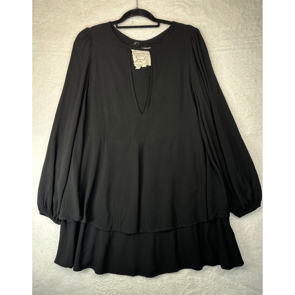 Free People Tunic Dress Womens M Black Tiered Ruffle V-Neck Long Sleeve